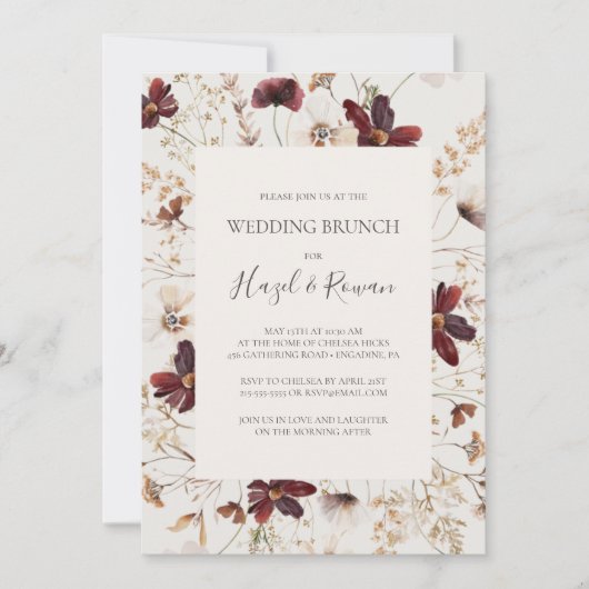 Copper Burgundy Wildflower | Beige Wedding Brunch Kaart (Voorkant)
