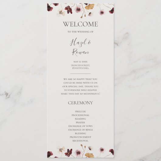 Copper Burgundy Wildflower | Beige Wedding Program Programmakaart (Voorkant)