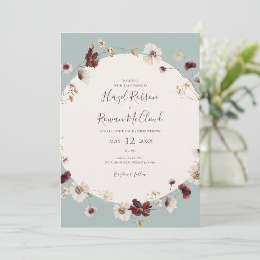 Copper Burgundy Wildflower | Blauwgroen Casual huw Kaart (Staand voorkant)