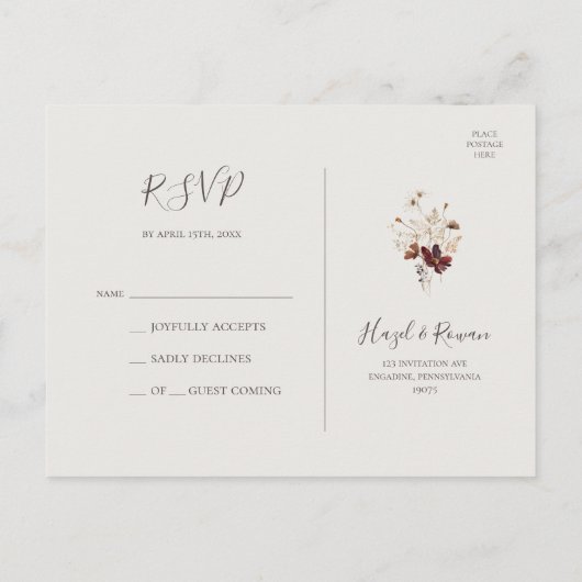 Copper Burgundy Wildflower | Blauwgroen huwelijk R Briefkaart (Achterkant)