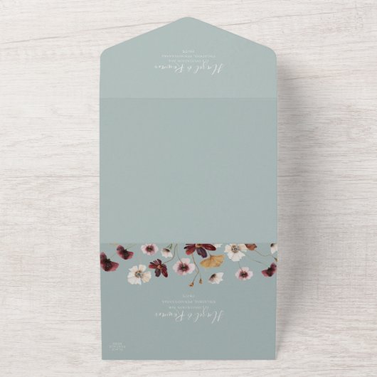 Copper Burgundy Wildflower | Blauwgroen zegel en v All In One Uitnodiging (Buitenkant)