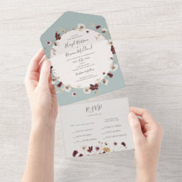 Copper Burgundy Wildflower | Blauwgroen zegel en v All In One Uitnodiging