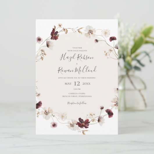 Copper Burgundy Wildflower | Casual huwelijk Kaart (Staand voorkant)
