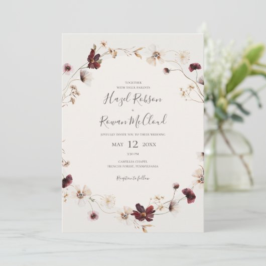 Copper Burgundy Wildflower | Casual weddenschap tu Kaart (Staand voorkant)