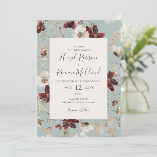 Copper Burgundy Wildflower | Licht Blauwgroen in é Kaart (Staand voorkant)