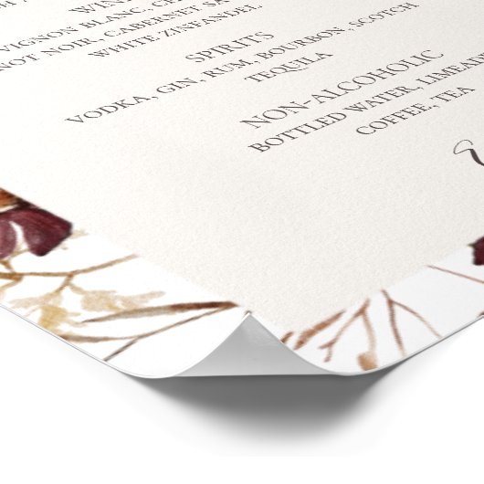 Copper Burgundy Wildflower | Menu Drinken Sign. Poster (Hoek)