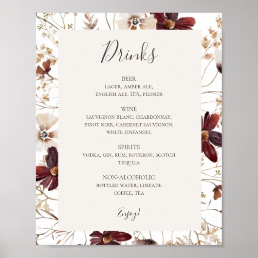 Copper Burgundy Wildflower | Menu Drinken Sign. Poster (Voorkant)