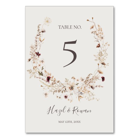 Copper Burgundy Wildflower | Nummer beige tabel Kaart (Voorkant)