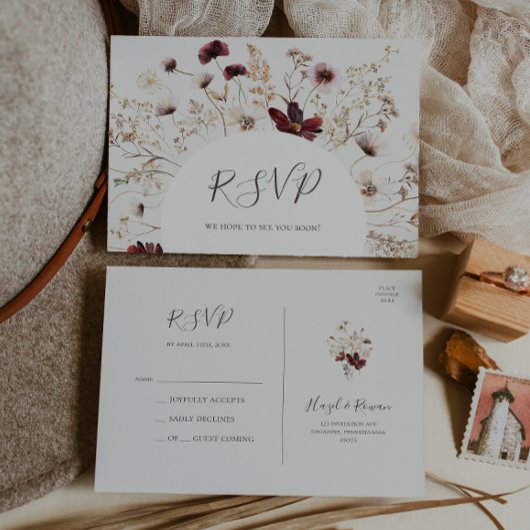 Copper Burgundy Wildflower | RSVP van beige bruilo Briefkaart