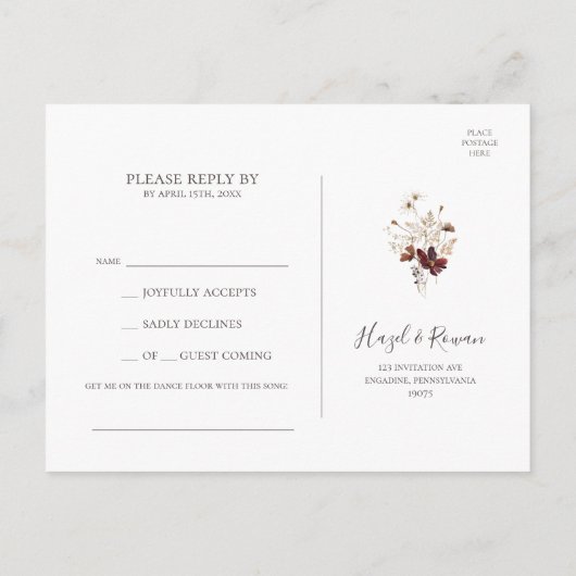 Copper Burgundy Wildflower Song Request RSVP Briefkaart (Achterkant)