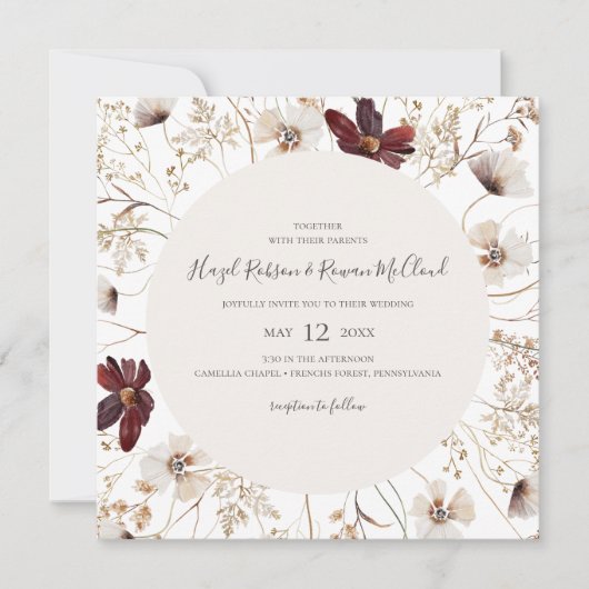 Copper Burgundy Wildflower | Square Wedding Kaart (Voorkant)