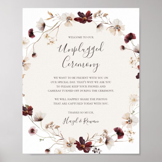 Copper Burgundy Wildflower Unplugged Ceremony Sign Poster (Voorkant)