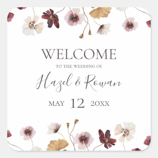 Copper Burgundy Wildflower Wedding Welkomstplein Vierkante Sticker (Voorkant)