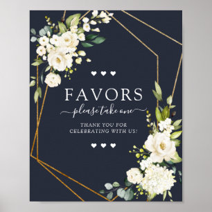 Copper Geometric Blue White Floral Favors Sign Poster