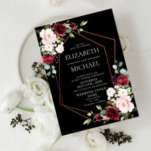Copper Geometric Burgundy Black Floral Wedding Kaart