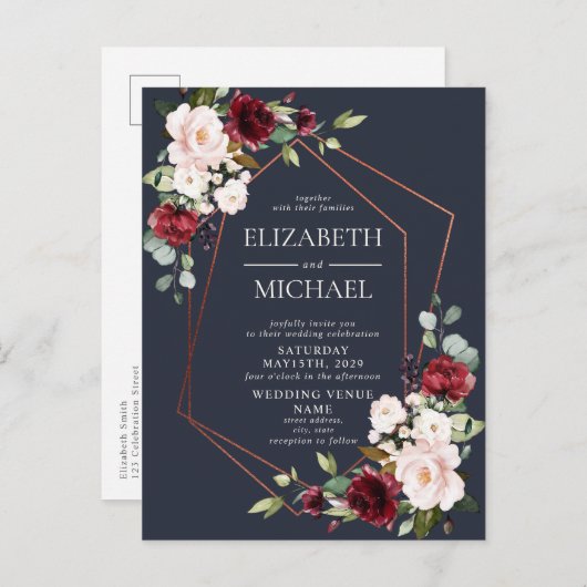 Copper Geometric Burgundy Blue Briefkaart Wedding (Voorkant / Achterkant)