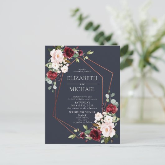 Copper Geometric Burgundy Blue Briefkaart Wedding (Staand voorkant)