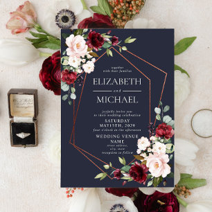 Copper Geometric Burgundy Blue Floral Wedding Kaart