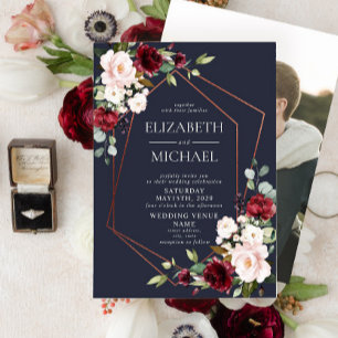 Copper Geometric Burgundy Blue Photo Wedding Kaart