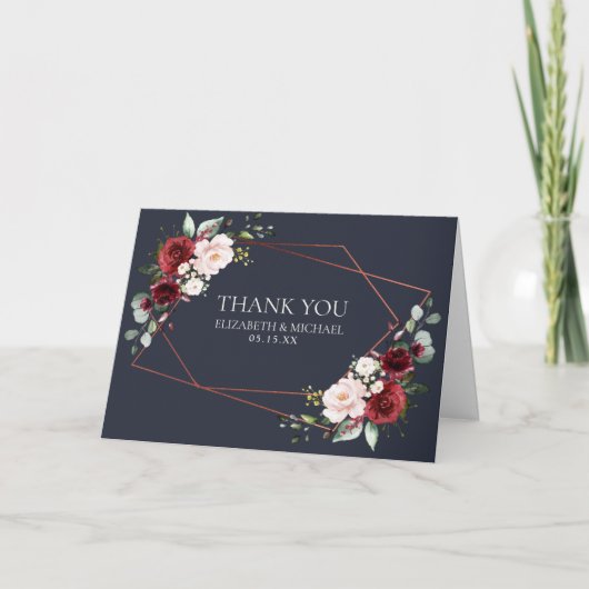 Copper Geometric Burgundy Blue Photo Wedding Kaart (Voorkant)