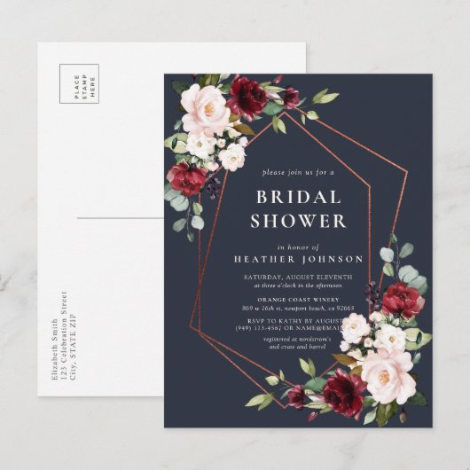 Copper Geometric Burgundy Blue Vrijgezellenfeest Aankondigingskaart (Voorkant / Achterkant)