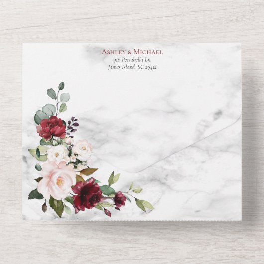 Copper Geometric Burgundy & Blush Floral Wedding All In One Uitnodiging (Achterkant)