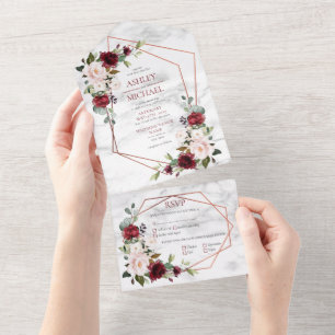 Copper Geometric Burgundy & Blush Floral Wedding All In One Uitnodiging