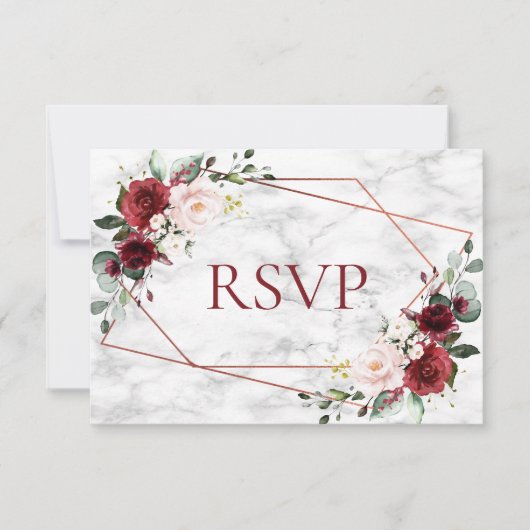 Copper Geometric Burgundy Marble Wedding RSVP Kaartje (Voorkant)