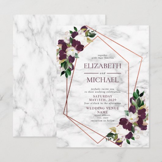 Copper Geometric Marble Burgundy Briefkaart Weddin (Voorkant / Achterkant)