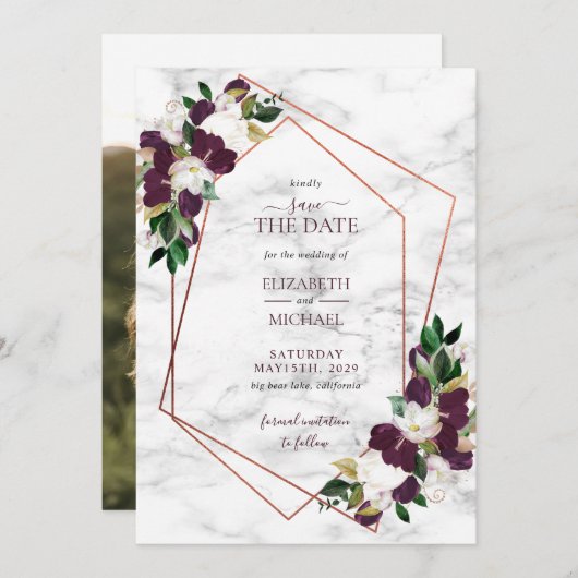 Copper Geometric Marble Burgundy Save the Date (Voorkant / Achterkant)