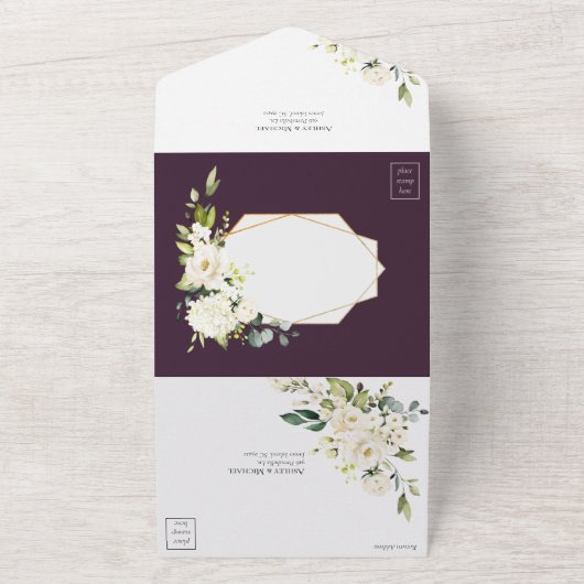 Copper Geometric Plum White Elegant Photo Wedding All In One Uitnodiging (Buitenkant)
