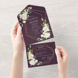 Copper Geometric Plum White Elegant Photo Wedding All In One Uitnodiging