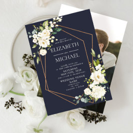 Copper Geometric White Blue Elegant Photo Wedding Kaart