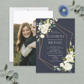 Copper Geometric White Blue Elegant Photo Wedding Kaart