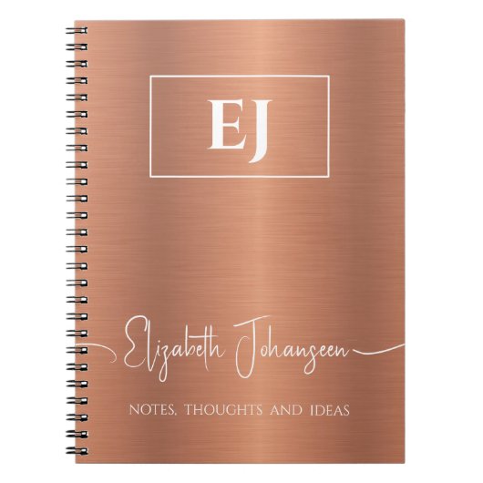 Copper Girly Monogram Script geborsteld metaal Fol Notitieboek (Voorkant)