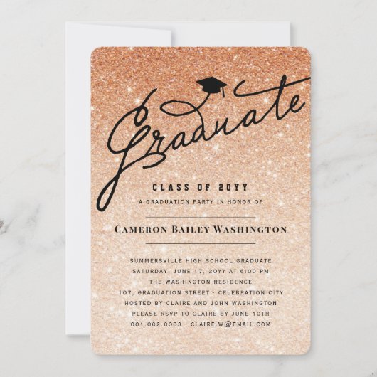 Copper Glitter Stylish Afstuderen Graduparty Kaart (Voorkant)