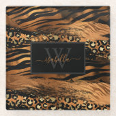 Copper Gold Black Monogrammed Script Initiaal Name Glazen Onderzetter (Voorkant)