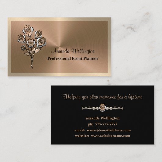 Copper & Gold Floral Event Planner Business Card Visitekaartje (Voorkant / Achterkant)