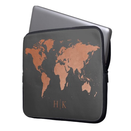Copper Grey Professional Wereldkaart Monogramed Laptop Sleeve (Voorkant Links)