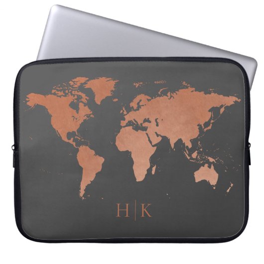 Copper Grey Professional Wereldkaart Monogramed Laptop Sleeve (Voorkant)