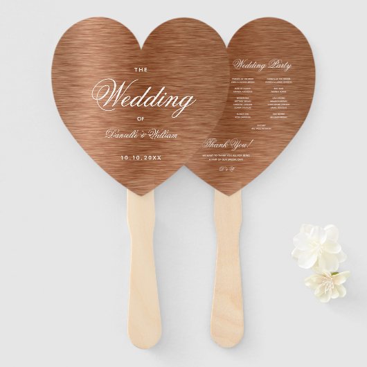 Copper Heart Elegant White Script Wedding Programm Handwaaier (Voorkant en achterkant)