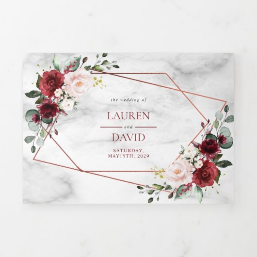 Copper Marble Geometric Burgundy Foto Drieluik Uitnodiging (Cover)