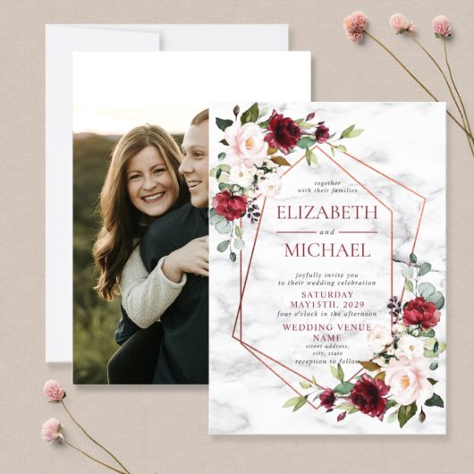 Copper Marble Geometric Burgundy Photo Wedding Kaart