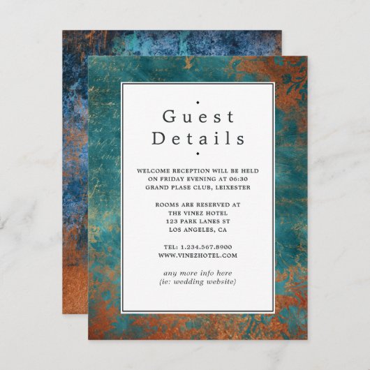 Copper Patina en Turquoise Wedding Guest Details Informatiekaartje (Voorkant / Achterkant)