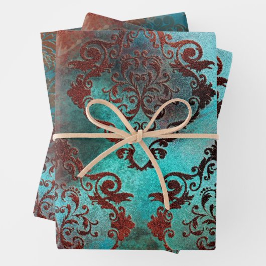 Copper Patina Rusted Damask Inpakpapier Vel (In situ)