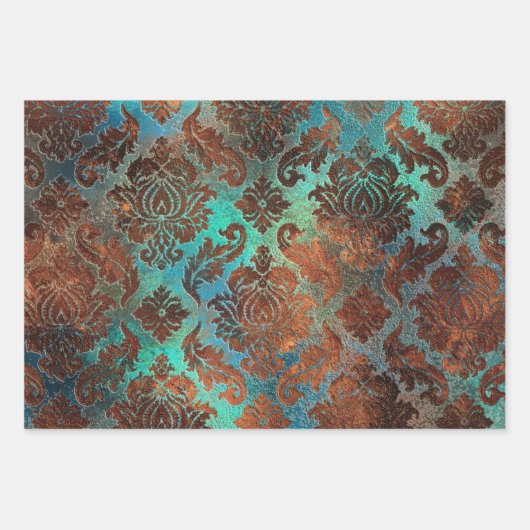 Copper Patina Rusted Damask Inpakpapier Vel (Voorkant)