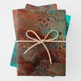 Copper Patina Rusted Damask Inpakpapier Vel