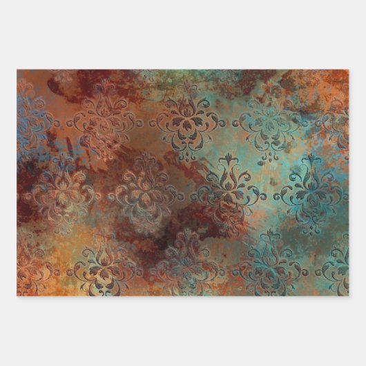 Copper Patina Rusted Damask Inpakpapier Vel (Voorkant)