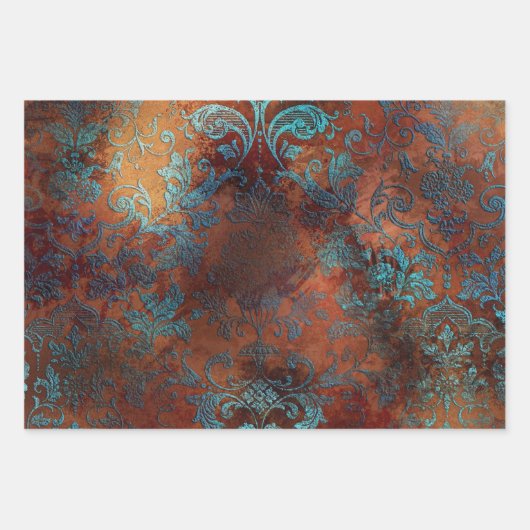 Copper Patina Rusted Damask Inpakpapier Vel (Voorkant 2)