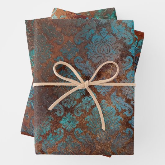 Copper Patina Rusted Damask Inpakpapier Vel (In situ)